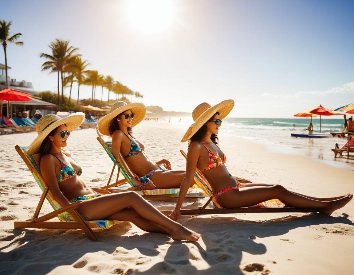 A vibrant beach scene featuring diverse beachgoers showcasing various swimwear styles, including bikinis, one-pieces, and board shorts, surrounded by colorful beach umbrellas and sun chairs. The sun is shining brightly with ocean waves gently crashing in the background. Include accessories like hats and sunglasses for a fashionable touch. Bright, cheerful colors and a lively atmosphere. super-realistic. vibrant colors. 3D.