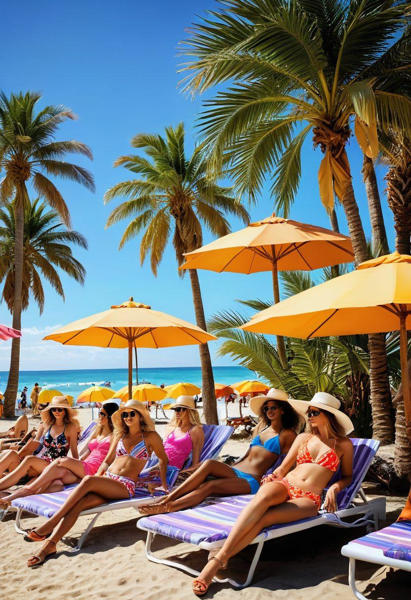 A stylish summer scene featuring a vibrant beach with sunbathers in colorful swimsuits, lounging under palm trees, while others enjoy refreshing cocktails poolside. Include a variety of trendy summer outfits displayed on mannequins, showcasing beach dresses, swimwear, and chic cover-ups. The atmosphere should radiate warmth and joy, capturing the essence of summer fun. bright colors. realistic style. sunlit background.